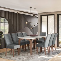CONJUNTO SALA DE JANTAR ROMÊNIA GOLD 1,83 X 0,90 COM 8 CADEIRAS AMÊNDOA 03A - 1