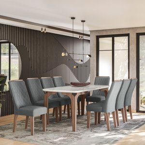 CONJUNTO SALA DE JANTAR ROMÊNIA GOLD 1,83 X 0,90 COM 8 CADEIRAS AMÊNDOA 03A