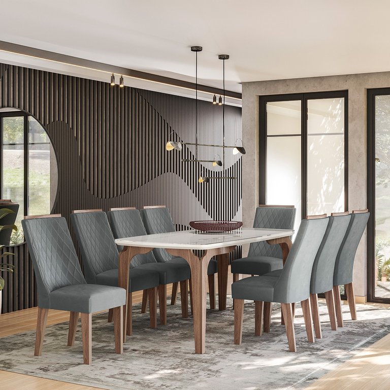 CONJUNTO SALA DE JANTAR ROMÊNIA GOLD 1,83 X 0,90 COM 8 CADEIRAS AMÊNDOA 03A