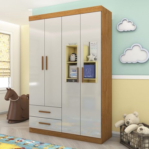 Guarda-Roupa 4 Portas 2 Gavetas com Espelho Infantil Perola Off White/Cinamomo-Off
