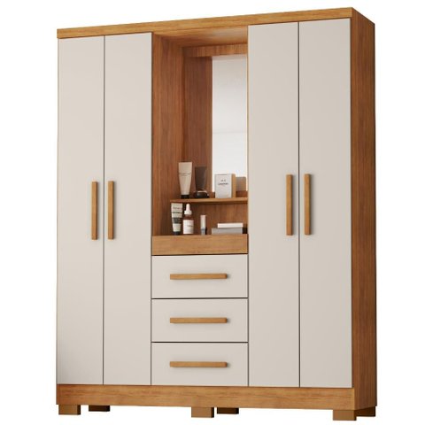 Guarda Roupa com Capela 4 Portas 3 Gavetas 148 cm Lyon Cedro Areia Rudk