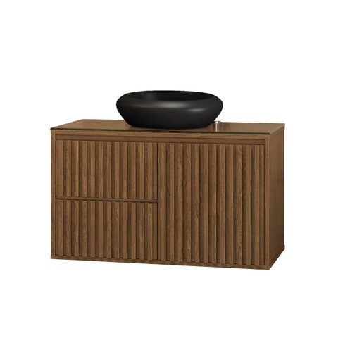 Gabinete  Banheiro Ripado 80 Freijó com Pia Preta