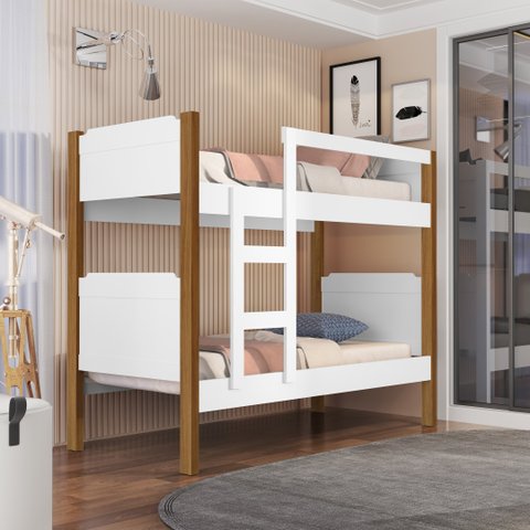 Beliche Solteiro Flora Adulto C/ Grades e Escada 100% Segura:branco/jequitibá