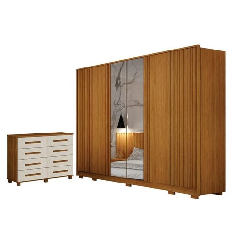 Guarda Roupa Casal Evo 6 Portas com Espelho Cinamomo com Cômoda San Marino 8 Gavetas Cinamomo Off-wh