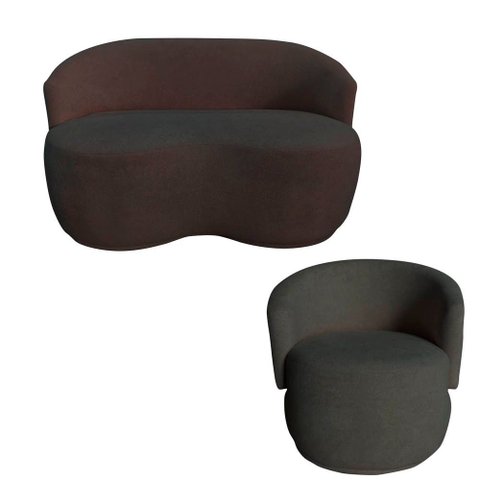 Kit Namoradeira + Poltrona Decorativa Beatriz Orgânica Couro Marrom