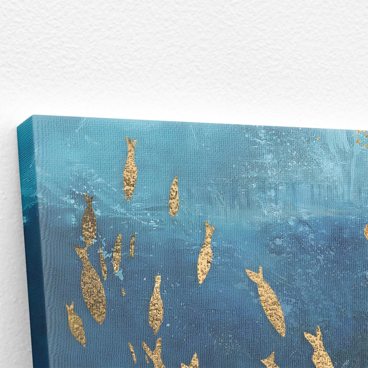 Quadro Peixes Dourados Cardume Azul Aquarela Canvas 100x70cm - 3