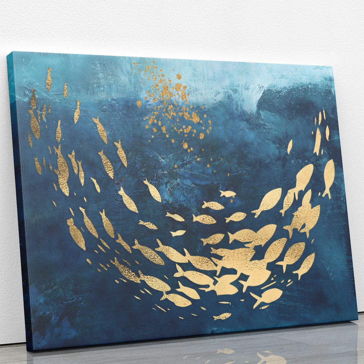 Quadro Peixes Dourados Cardume Azul Aquarela Canvas 100x70cm - 2