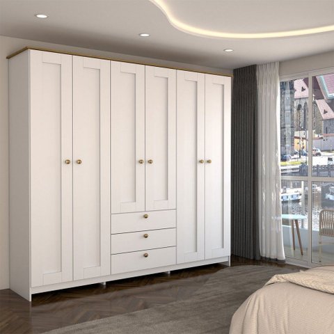 Guarda-roupa Casal Americano 6 Portas 3 Gavetas Branco/ipê - Panorama Móveis