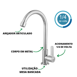 Torneira Cozinha Metal Mesa Bancada Bica Móvel 1/4 Padrão Simi|ar Deca Docol - 5