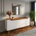 Ver imagem 1 de Buffet Aparador 4 Portas com Pés de Madeira Ravena 180cm Sala de Estar Jantar - Branco / Cedro