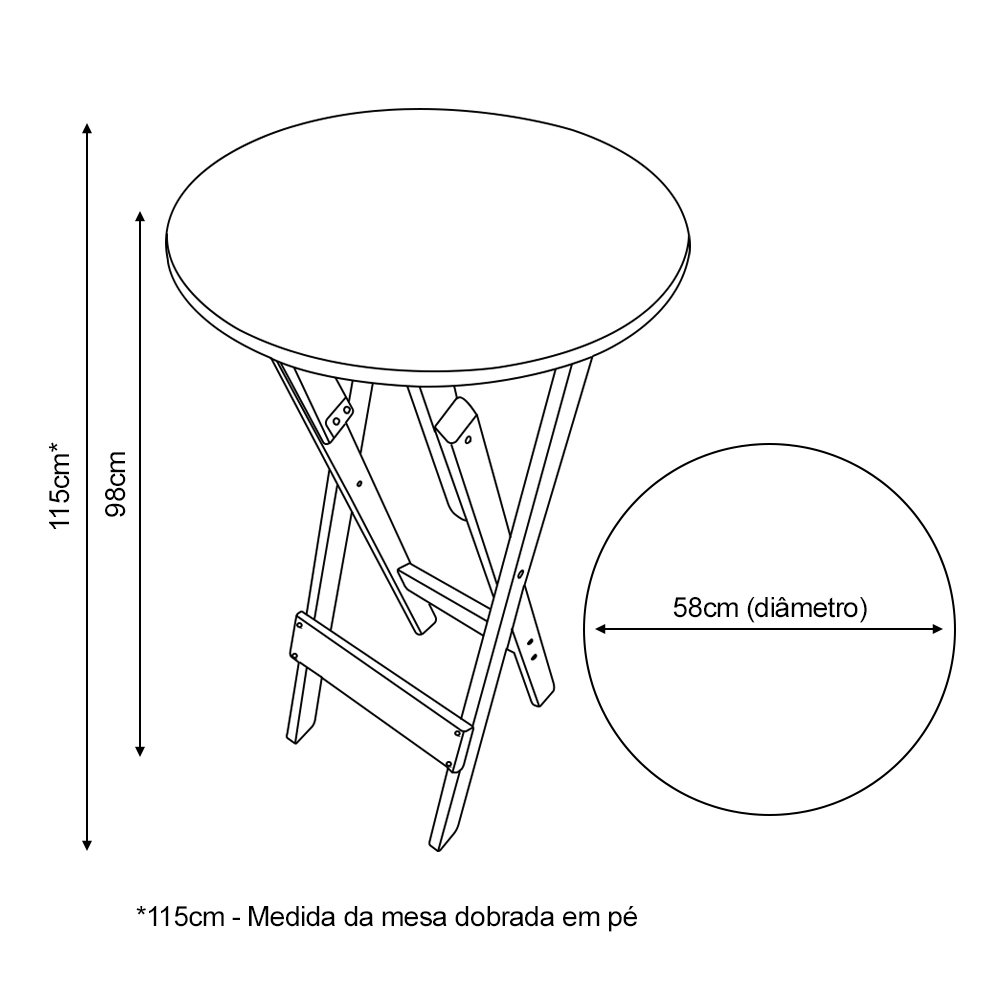 Conjunto Bistrô Mesa Dobrável de Madeira Redonda com 2 Banquetas Preta - Tarimatã - 6