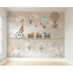 Papel De Parede Infantil Safari Trenzinho Balões Verde bege 220x155 + regua de crescimento ate 170