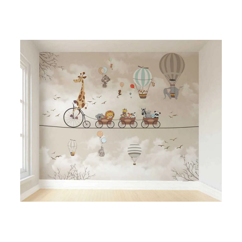 Papel De Parede Infantil Safari Trenzinho Balões Verde bege 220x155 + regua de crescimento ate 170