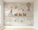 Ver imagem 1 de Papel De Parede Infantil Safari Trenzinho Balões Verde bege 220x155 + regua de crescimento ate 170