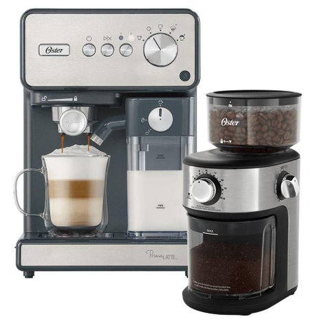 Kit Cafeteira Expresso Primalatte Inox Oster 18 Xícaras Cinza 220V