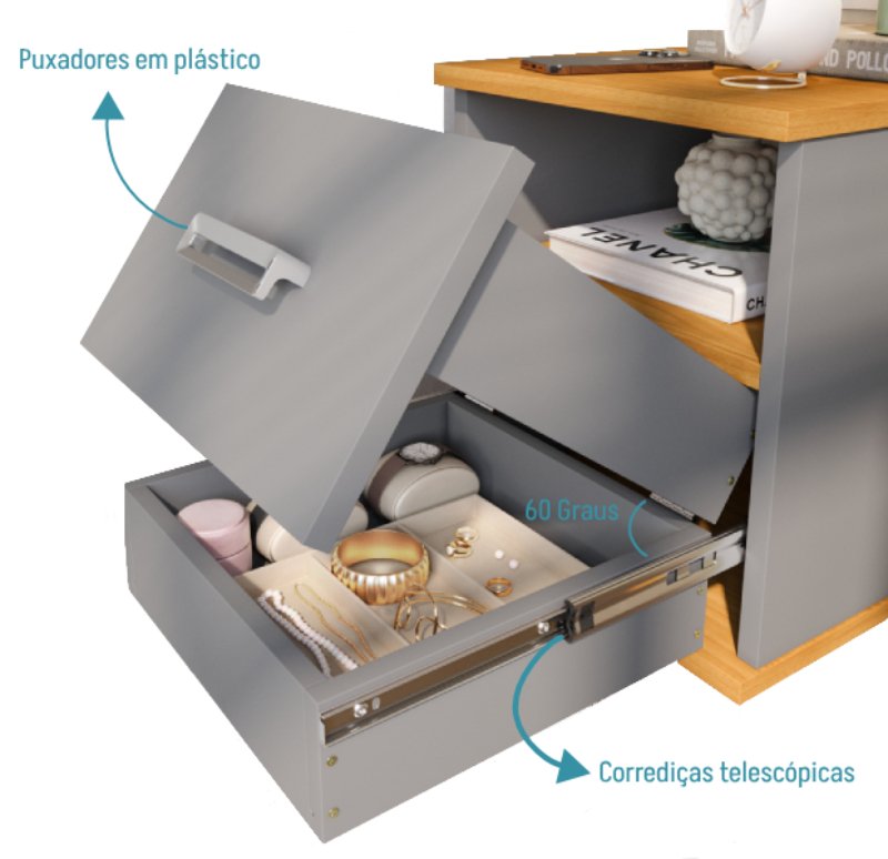 Mesa de Cabeceira Balli Multifuncional 2 em 1 Suspensa Gaveta Oculta Compartimento Secreto - Oliart - 6