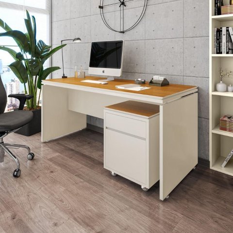 Conjunto de Escritório Hera Mesa e Gaveteiro - Via Nossa - Off White e Cedro