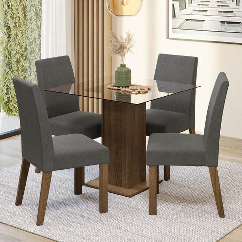 Conjunto Sala de Jantar Mesa Tampo de Vidro 4 Cadeiras Rustic/silver Ivy Madesa