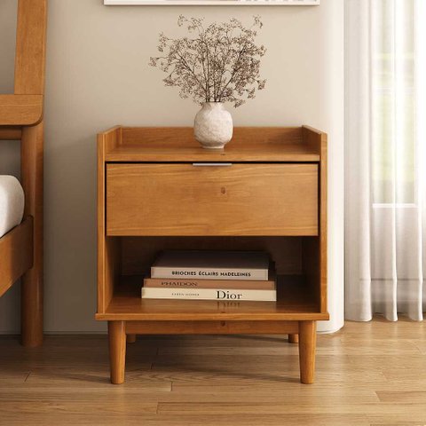 Mesa de Cabeceira Moderna para Quarto com Gaveta Madeira Cor Mel Lice Idimex