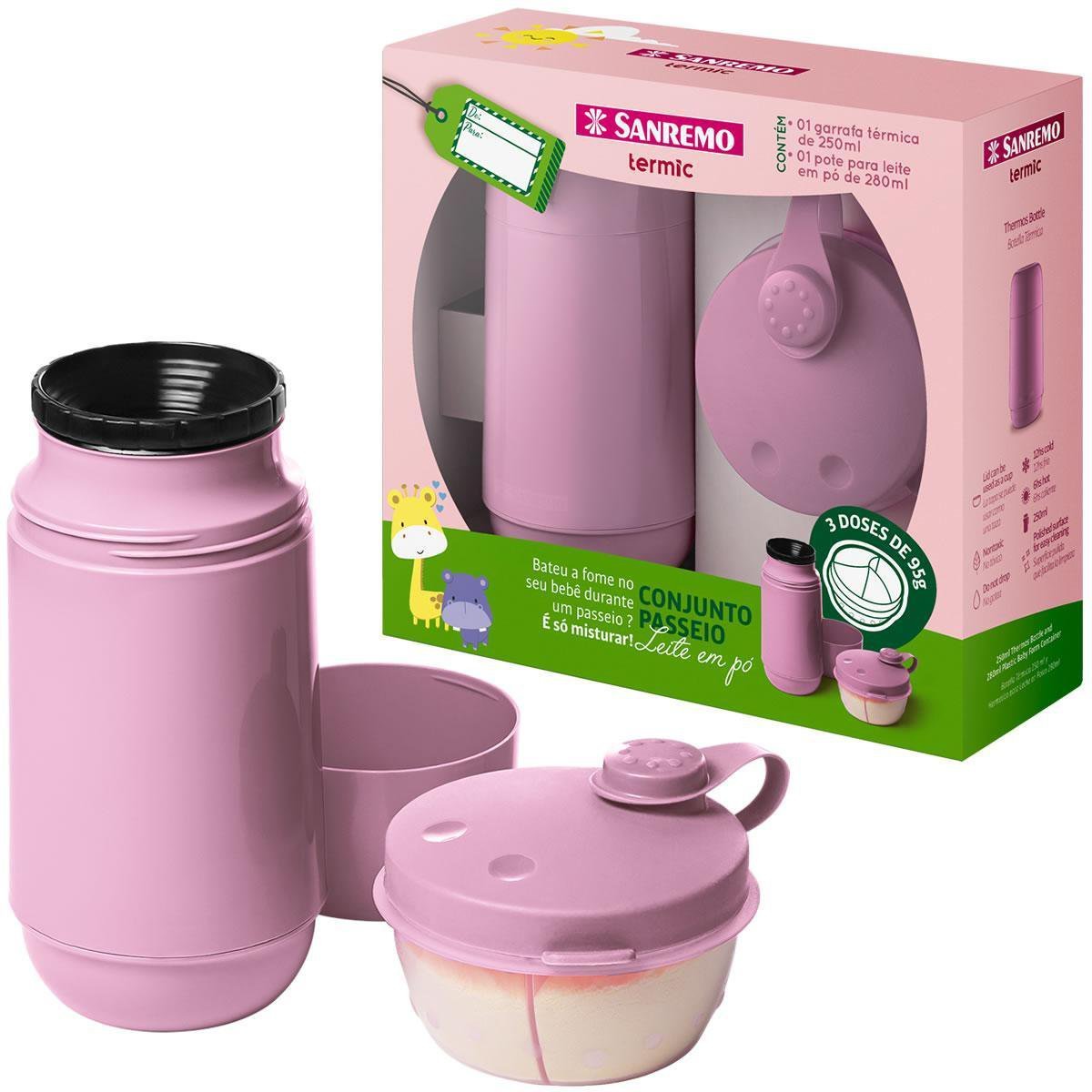 Kit Garrafa 250ml Pote Leite Açucar Alimentação Bebê Rosa