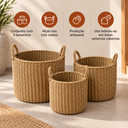 Ver imagem 3 de Conjunto 3 Cestos Organizadores Redondos Fibra Natural Bege com Alças