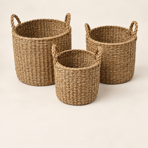 Conjunto 3 Cestos Organizadores Redondos Fibra Natural Bege com Alças