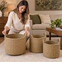 Ver mais imagens de Conjunto 3 Cestos Organizadores Redondos Fibra Natural Bege com Alças