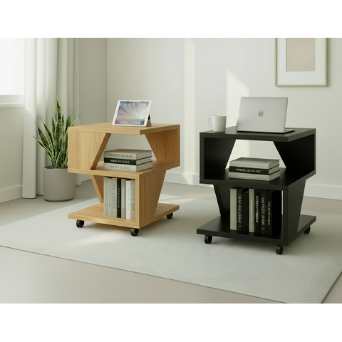 Kit Conjunto com 2 Mesas de Cabeceira - 1 Preto e 1 Carvalho- com Rodizio - Poquema