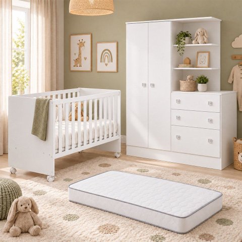 Kit Quarto de Bebê Doce Sonho com Berço com Rodízio Guarda Roupa com Cômoda e Colchão D18 130x60 Mov