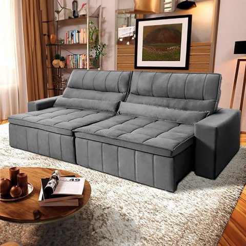 Sofá Retrátil Reclinável Supremo 2,70m Suede Velut Cinza Molas no Assento - King House