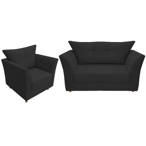Kit Namoradeira + 1 Poltrona Decorativa Isis Suede Preto Pés Madeira Mz Decor