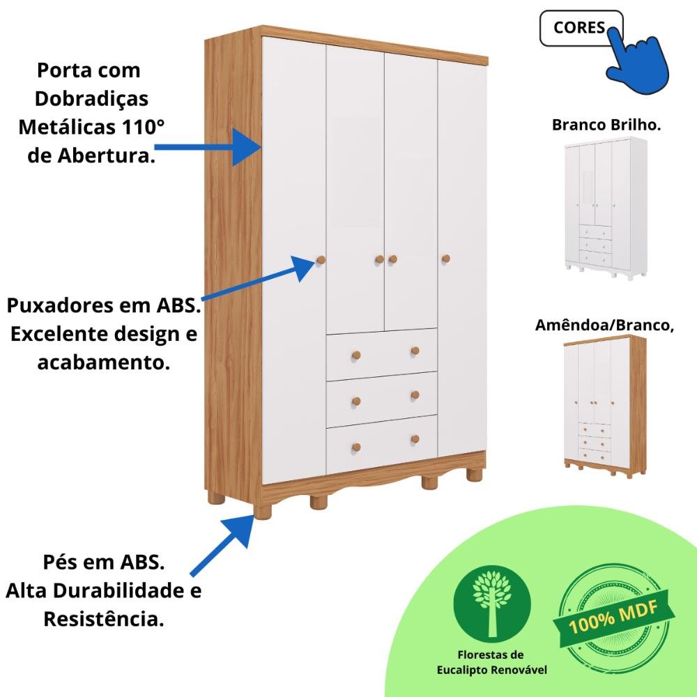 Quarto de Bebê Completo Guarda Roupa 4 Portas Cômoda 1 Porta 3 Gavetas 100% Mdf Junior Amendoa/ - 7