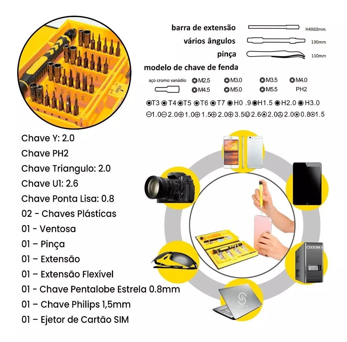 Kit Chave De Precisão Com 38 Peças Fenda Philips Torx Hex Pentalobe Ventosa Palheta Pinça Celular - 2