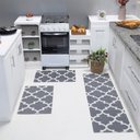 Ver imagem 1 de Kit Passadeira Tapete Cozinha 3 Peças Jacquard Base Antiderrapante - Medalhão Cinza