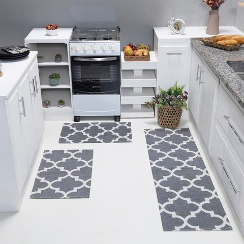 Kit Passadeira Tapete Cozinha 3 Peças Jacquard Base Antiderrapante - Medalhão Cinza