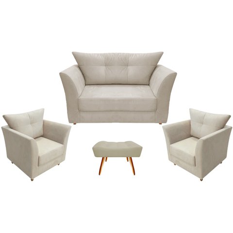 Kit Namoradeira + 2 Poltronas Decorativa Isis + 1 Puff Retangular Suede Bege Pés Madeira Mz Decor