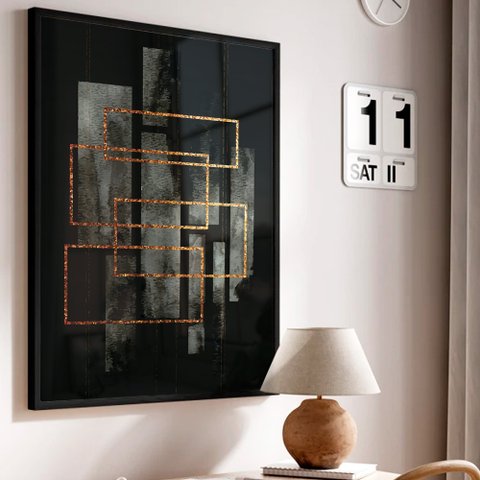Quadro Decorativo Abstrato Moderno em Moldura Caixa TaColado Moldura Trad 1cm Branca com Vidro 30 x 