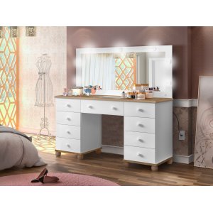 Penteadeira Camarim 9 Gavetas / Espelho com Led e Colmeia Organizadora Praticidade e Elegância:branc