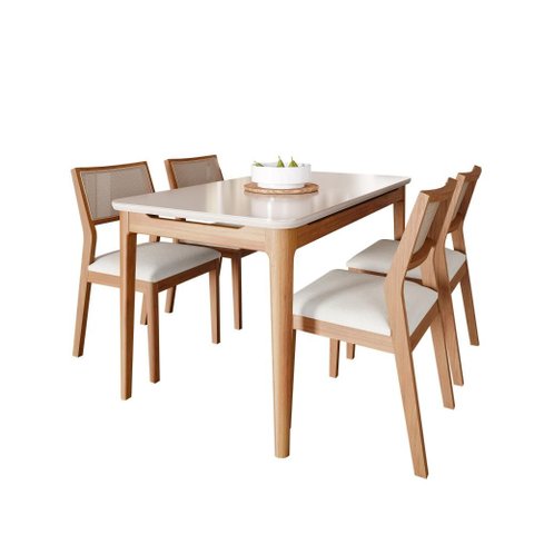 Conjunto Completo Mesa 1,30m Baobá e 4 Cadeiras Oiti em Madeira Tauari Vidro Off White - Madeira/