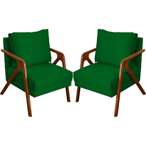 Kit 2 Poltronas Decorativa Shine Pé Castanho - Verde Suede