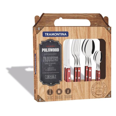Faqueiro Tramontina Polywood com Lâminas em Aço Inox e Cabos de Madeira Vermelho 24 Peças