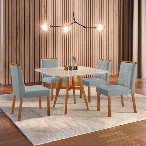 Conjunto Sala de Jantar Mesa Atenas Madeira Maciça 90x90cm Tampo Quadrado Vidro Off White com 4 Cade
