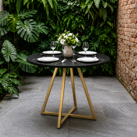Mesa de Sala e Jantar Paris Modelo Industrial Moderno Tampo Redondo Preto com Base de Ferro Dourado