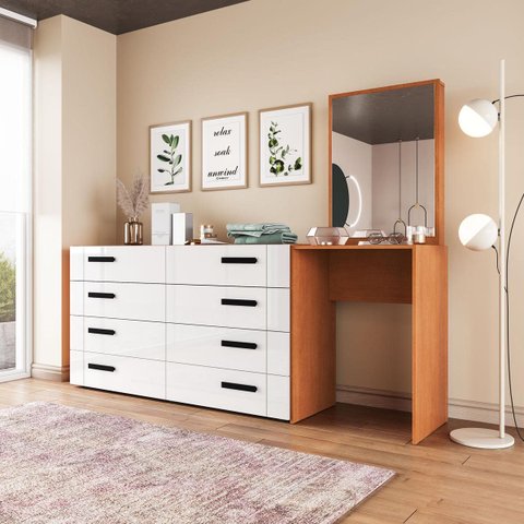Cômoda Penteadeira Lisboa 8 Gavetas com Espelho 209x160cm Branco/Freijó 250798