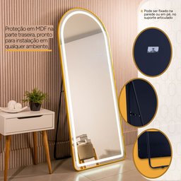Espelho Jateado com Led Grande Corpo Inteiro com Moldura com Suporte de Chão 170x70cm Luxo Dourado - 8