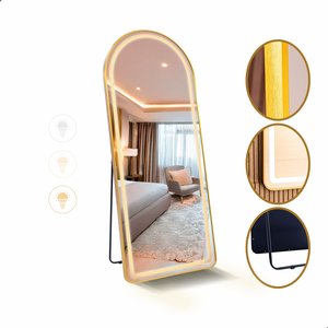 Espelho Jateado com Led Grande Corpo Inteiro com Moldura com Suporte de Chão 170x70cm Luxo Dourado