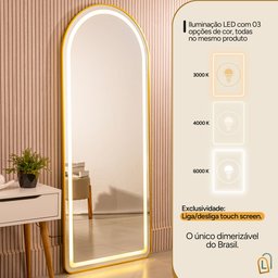 Espelho Jateado com Led Grande Corpo Inteiro com Moldura com Suporte de Chão 170x70cm Luxo Dourado - 5