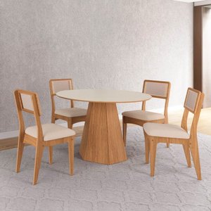 Conjunto Sala de Jantar Mesa Lisboa Hexagonal Off White/freijó com 4 Cadeiras Palha Sintética 100% M