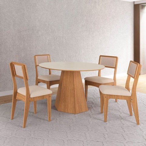 Conjunto Sala de Jantar Mesa Lisboa Hexagonal Off White/freijó com 4 Cadeiras Palha Sintética 100% M