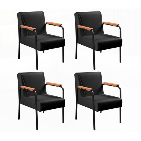 Kit 4 Poltrona Jade Braço Metal Cadeira Decorativa Recepção Sala Escritório - Corino Preto